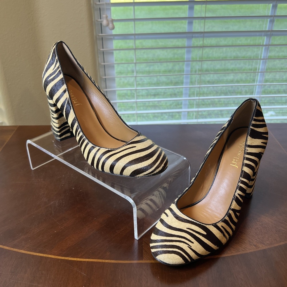 J. McLaughlin Mila Brown and Tan Fur Zebra Print Block Heel Pumps Sz 7.5 Luxury